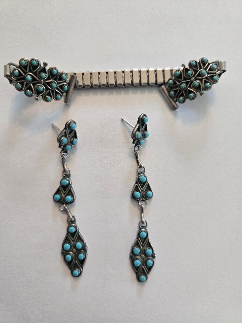 Vintage Zuni snake eye turquoise & sterling silver watch band w/ earrings
